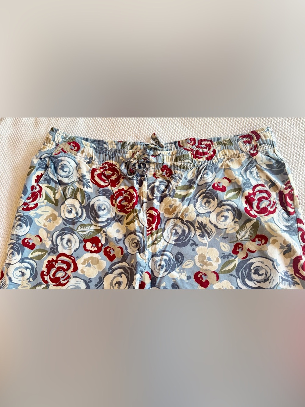GV Elastic Waist Blue Floral Cropped Cargo Pants Lightweight Cotton Capris - Picture 5 of 14